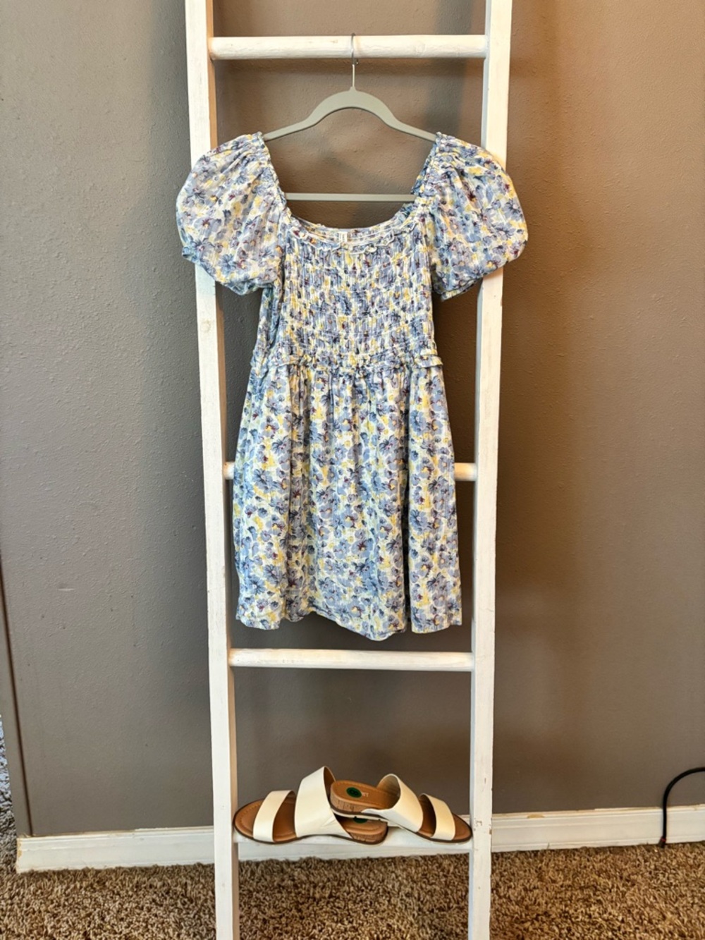 American Eagle Outfitters Blue Floral Smocked Puff-Sleeve Dress